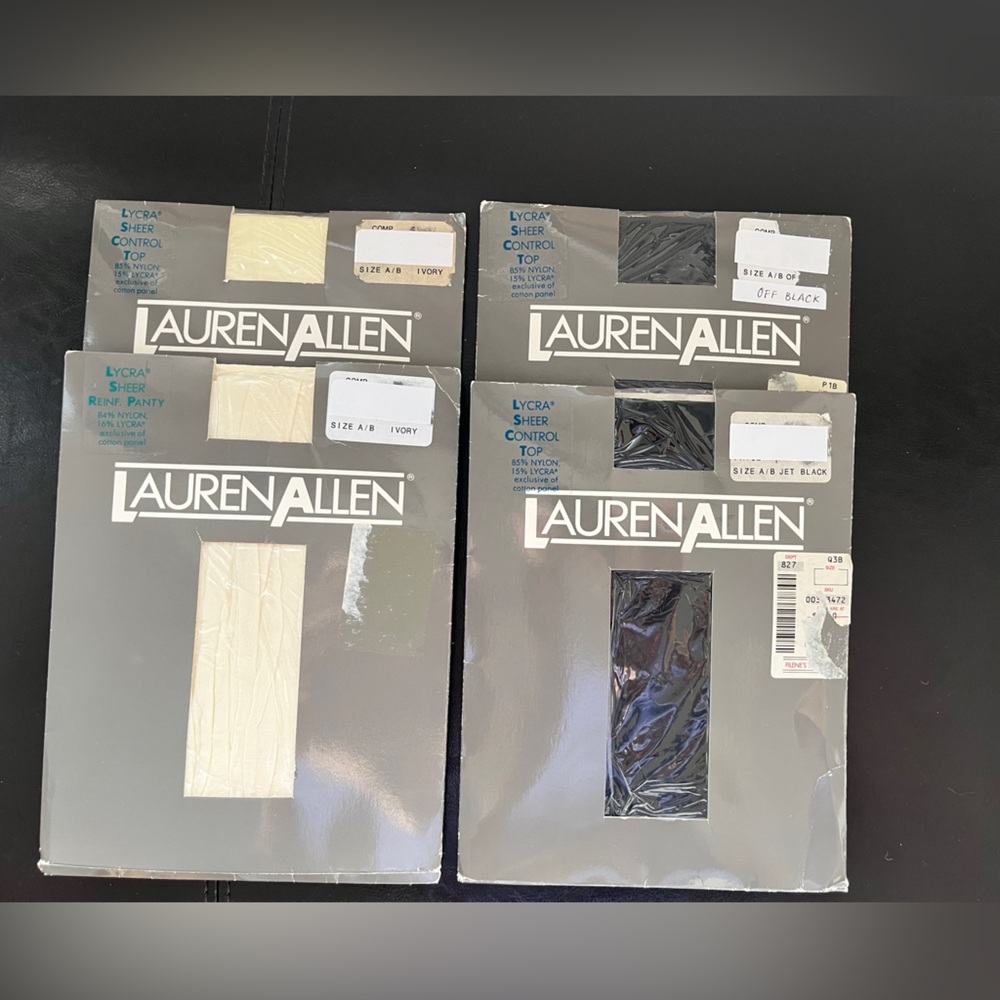 Set of 4 Lauren Allen Control Top Pantyhose Sheer Lycra Ivory Black Nylon Sz A B